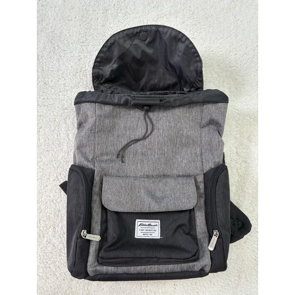 Eddie Bauer First Adventure Backpack Diaper Bag Gray Black Travel Pack Read